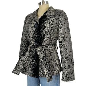 Vintage Bella Blue Goth Grunge Button Front Tie Waist Black Scribble Jacket M